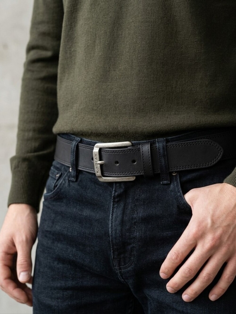 NEW Kodiak Black Leather Belt Rugged Look Brushed Buckle
